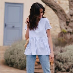 Peplum Cotton Blouse in Blue with Scalloped Neckline from Saaj (French brand)